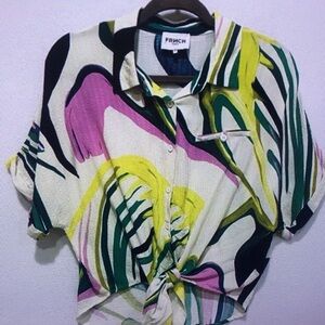 Frenchi Women's Abstract Button Down Shirt - Green, Pink, Yellow
